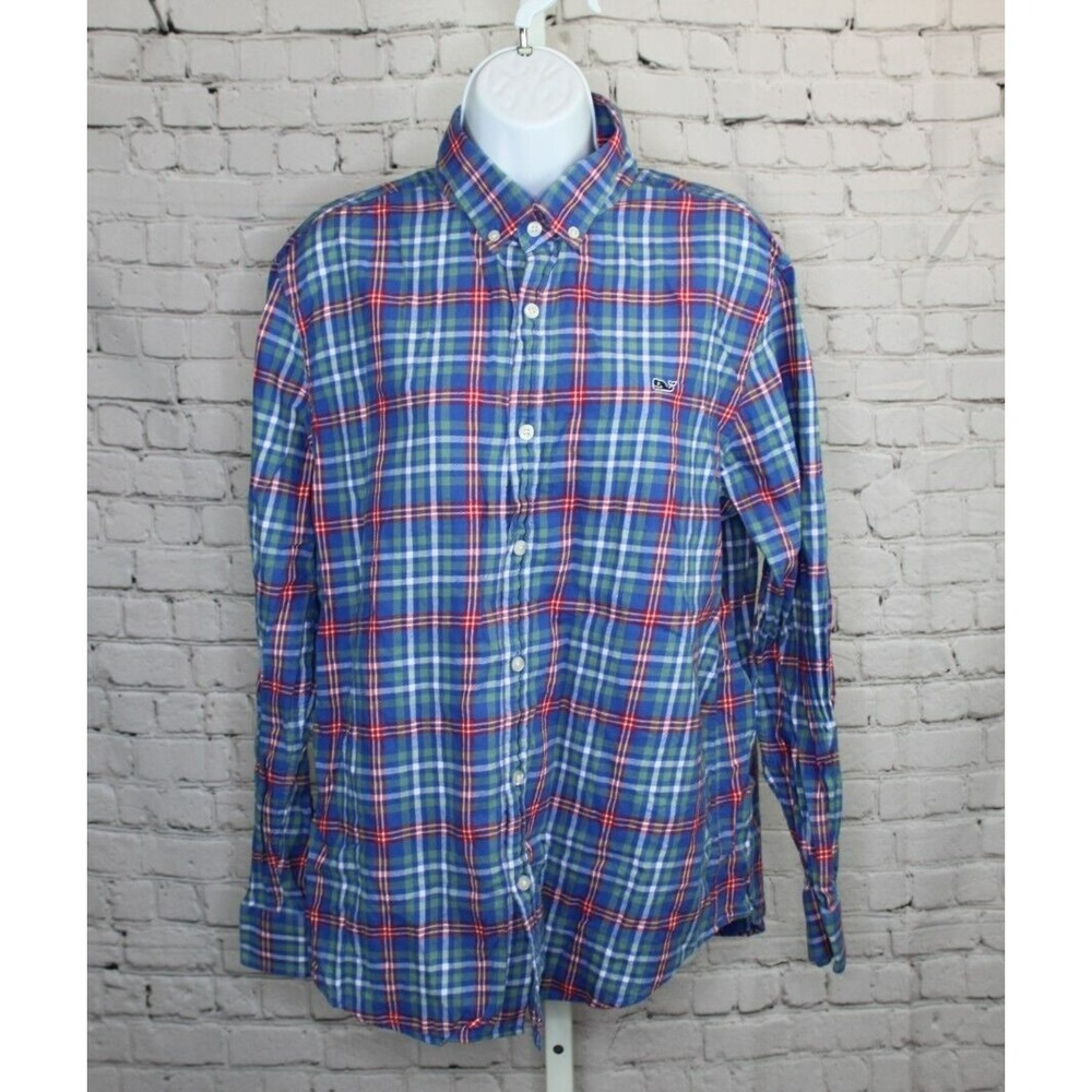 Vineyard Vines Slim Fit Whale Shirt Men's Large Red Green Blue Plaid Flannel